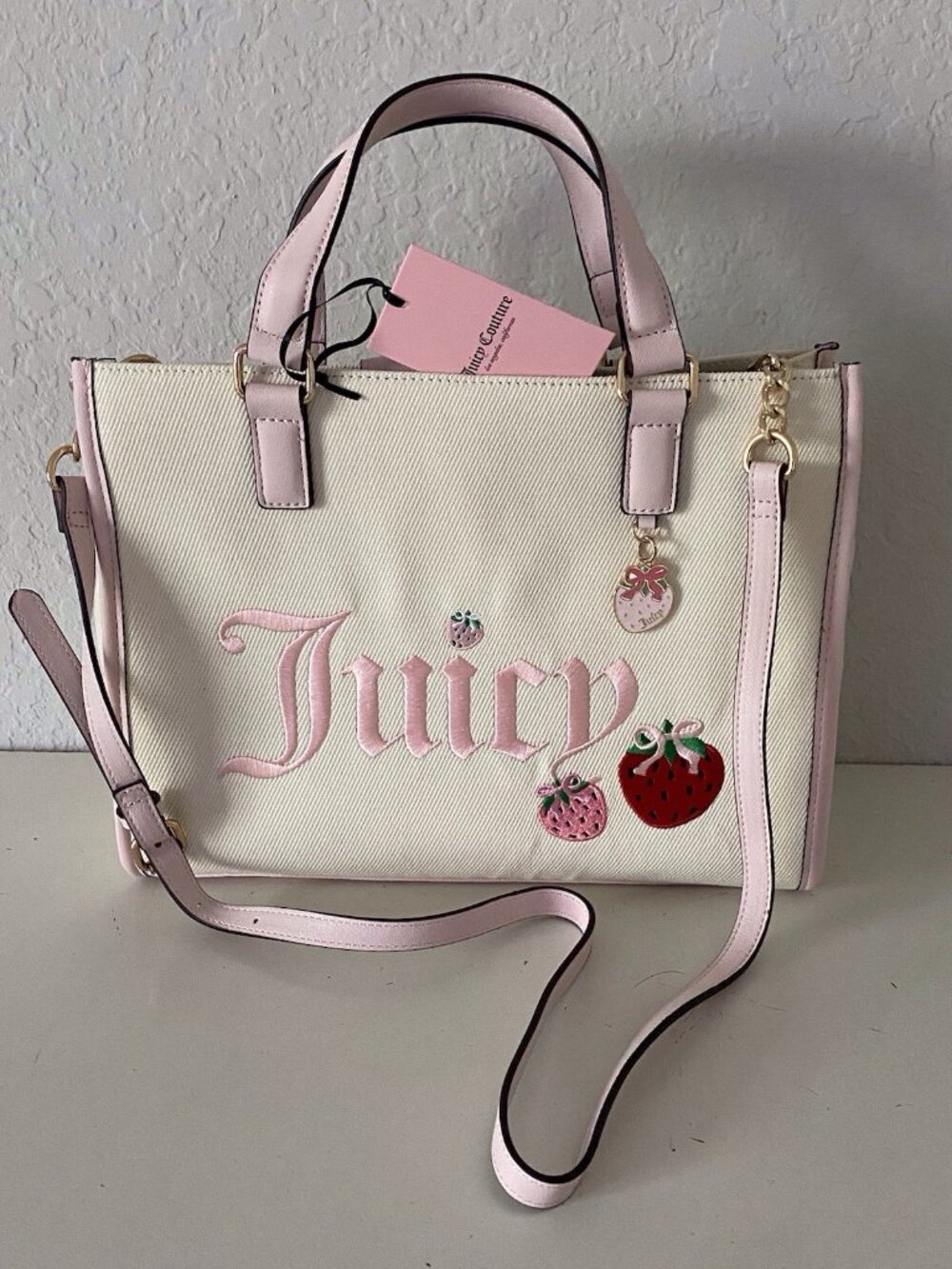 Juicy Couture Berry‎ Sweet Tote Bag Natural Strawberry With Charm Crossbody NEW